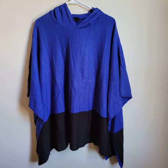 Nwt blue black open poncho cap shawl wrap Pullover hoodie - Picture 1 of 6
